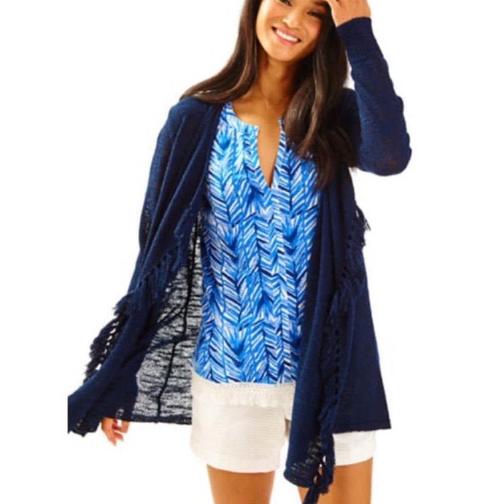 Lilly Pulitzer Navy Blue Knit Cardigan with Fringe Detail